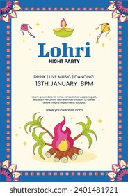 Happy Lohri Festival. Lohri festival celebration. January 13. Cartoon Vector illustration design Template for Poster, Banner, Post, Flyer, Greeting, Card, Cover. Lohri Festival background.