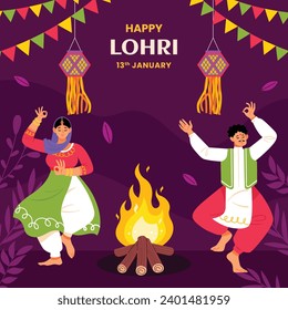 Happy Lohri Festival. Lohri festival celebration. January 13. Cartoon Vector illustration design Template for Poster, Banner, Post, Flyer, Greeting, Card, Cover. Lohri Festival background.