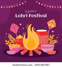 Happy Lohri Festival. Lohri festival celebration. January 13. Cartoon Vector illustration design Template for Poster, Banner, Post, Flyer, Greeting, Card, Cover. Lohri Festival background.
