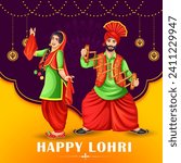 Happy Lohri festival of Punjab India celebration concept banner design. Vector illustration of couple playing Lohri dance. Illustrations of excited happy people celebrating the Lohri. Punjabi couple.