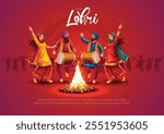 Happy Lohri festival of Punjab India background. group of people playing lohri dance. abstract vector illustration banner design	