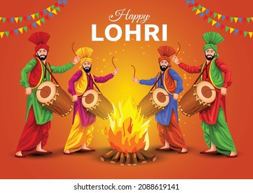  Happy Lohri festival of Punjab India background. vector illustration group of people playing lohri dance.