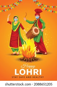  Happy Lohri festival of Punjab India background. vector illustration of couple playing lohri dance. covid-19, coronavirus concept banner design.