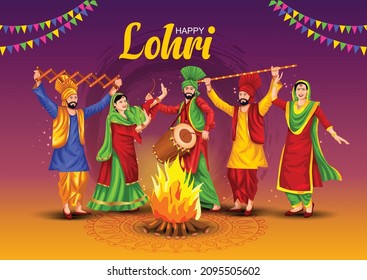 Happy Lohri festival of Punjab India background. group of people playing lohri dance. vector illustration design