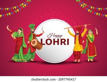 Happy Lohri festival of Punjab India background. group of people playing lohri dance. vector illustration design