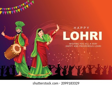 Happy Lohri festival of Punjab India background. group of people playing lohri dance. vector illustration design