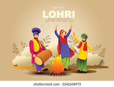 Happy Lohri festival of Punjab India background. group of people playing lohri dance. vector illustration banner design