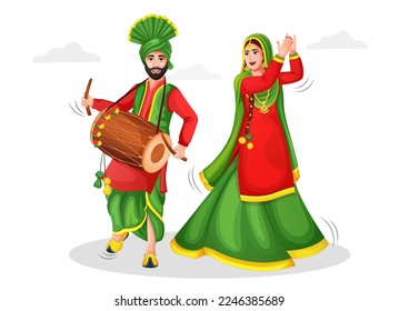 Feliz festival Lohri de los antecedentes de la celebración de Punjab India. ilustración vectorial de la pareja jugando a la danza lohri. Ilustraciones de personas emocionadas y felices celebrando el lohri. Pareja punjabí.
