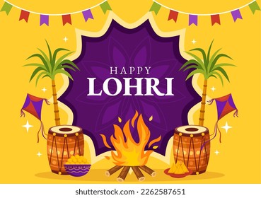 Happy Lohri Festival of Punjab India Illustration with Playing Dance and Celebration Bonfire in Flat Cartoon Hand Drawn for Landing Page Templates