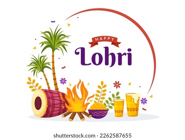 Happy Lohri Festival of Punjab India Illustration with Playing Dance and Celebration Bonfire in Flat Cartoon Hand Drawn for Landing Page Templates