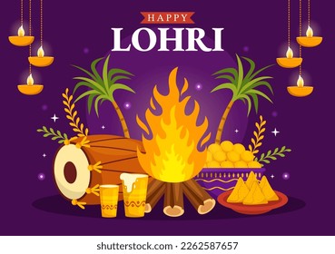Happy Lohri Festival of Punjab India Illustration with Playing Dance and Celebration Bonfire in Flat Cartoon Hand Drawn for Landing Page Templates