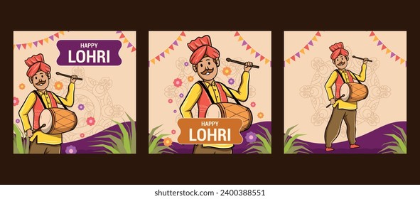 Happy Lohri festival of Punjab India background. vector illustration of couple playing lohri dance. Happy Lohri festival social media tshirt desig