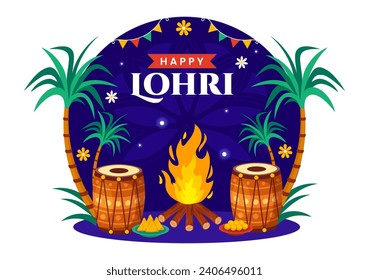 Happy Lohri Festival of Punjab India Vector Illustration of Playing Dance and Celebration Bonfire with drums and kites in Flat Cartoon Background