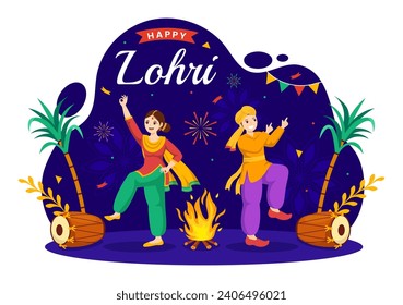 Happy Lohri Festival of Punjab India Vector Illustration of Playing Dance and Celebration Bonfire with drums and kites in Flat Cartoon Background