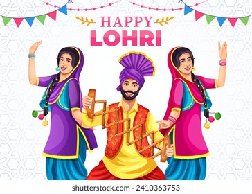 Happy Lohri festival of Punjab India background. Group of people playing lohri dance. Vector illustration banner design template