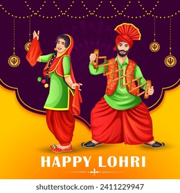 Happy Lohri Festival von Punjab Indien Feiern Konzept-Banner-Design. Vektorgrafik von Paaren, die Lohri-Tanz spielen. Illustrationen von aufgeregten glücklichen Menschen, die den Lohri feiern. Punjabi-Paar.