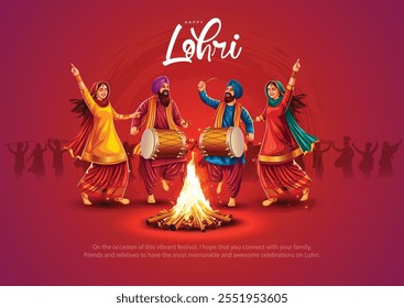 Happy Lohri festival de Punjab Índia fundo. grupo de pessoas tocando lohri dança. vetor abstrato ilustração banner design	