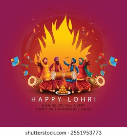 Happy Lohri festival de Punjab Índia fundo. grupo de pessoas tocando lohri dança. vetor abstrato ilustração banner design	