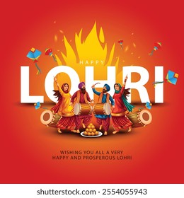 Happy Lohri festival of Punjab India background. group of people playing lohri dance. vector illustration banner design	