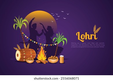 Happy Lohri festival of Punjab India background. group of people playing lohri dance. vector illustration banner design