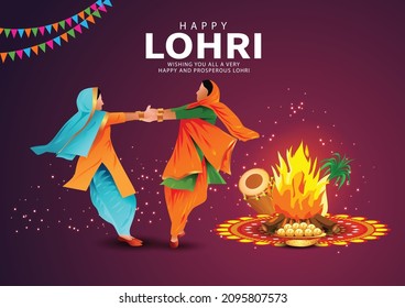  Happy Lohri festival of Punjab Indian harvest background. vector illustration of two girls playing lohri dance.