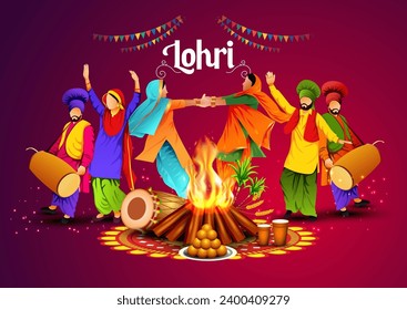  Happy Lohri festival of Punjab Indian harvest background. vector illustration of two girls playing lohri dance.