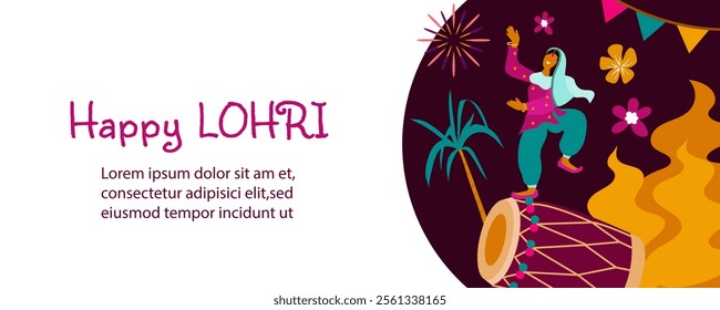 Happy Lohri Festival in Punjab. Indian traditional holiday. Horizontal template with holiday attributes. Flat illustration on a white background