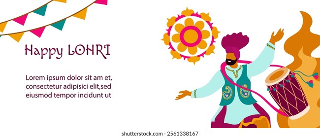 Happy Lohri Festival in Punjab. Indian traditional holiday. Horizontal template with holiday attributes. Flat illustration on a white background