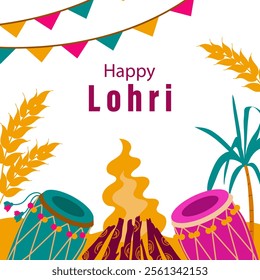 Happy Lohri Festival in Punjab. Indian traditional holiday. Square template with holiday attributes. Flat illustration on a white background