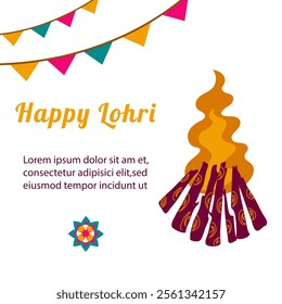 Happy Lohri Festival in Punjab. Indian traditional holiday. Square template with holiday attributes. Flat illustration on a white background