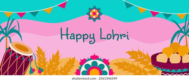 Happy Lohri Festival in Punjab. Indian traditional holiday. Horizontal template with holiday attributes. Flat illustration