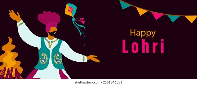 Happy Lohri Festival in Punjab. Indian traditional holiday. Horizontal template with holiday attributes. Flat illustration