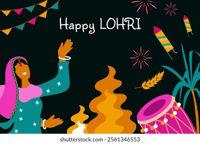 Happy Lohri Festival in Punjab. Indian traditional holiday. Horizontal template with holiday attributes. Flat illustration