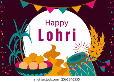 Happy Lohri Festival in Punjab. Indian traditional holiday. Horizontal template with holiday attributes. Flat illustration