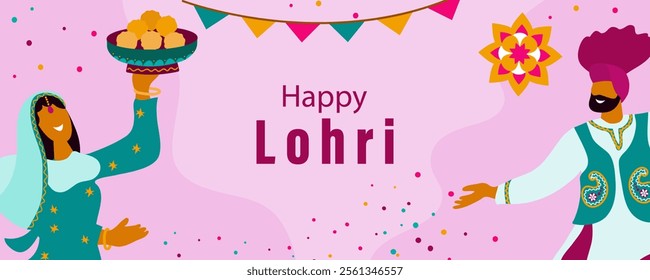 Happy Lohri Festival in Punjab. Indian traditional holiday. Horizontal template with holiday attributes. Flat illustration