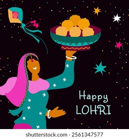 Happy Lohri Festival in Punjab. Indian traditional holiday. Template with holiday attributes. Flat illustration