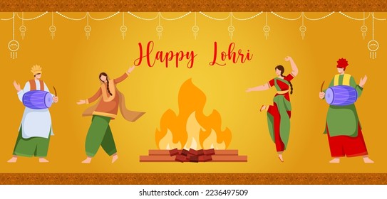 Happy Lohri Festival Of Punjab Vector Illustration.