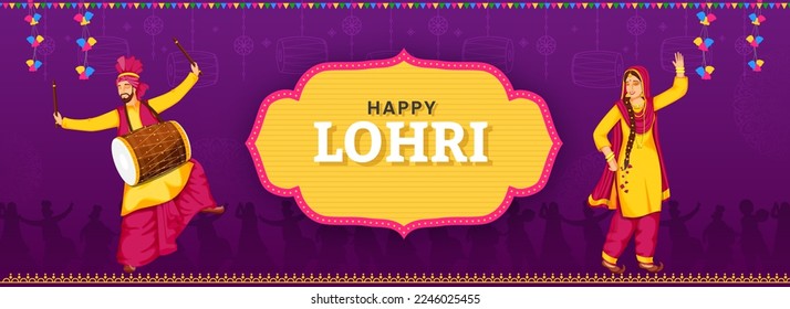 Happy Lohri Font Over Vintage Frame With Punjabi Man Playing Dhol And Woman Doing Bhangra On Purple Background.