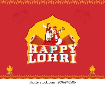 Happy Lohri Font With Punjabi Couple Doing Folk Dance, Musical Instrument, Bonfire On Yellow And Red Background.