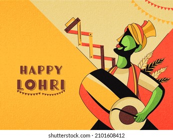 Happy Lohri Font In Punjabi Language With Cartoon Punjabi Man Playing Dhol, Sapp Instrument, Wheat Ear On Yellow And Orange Background.