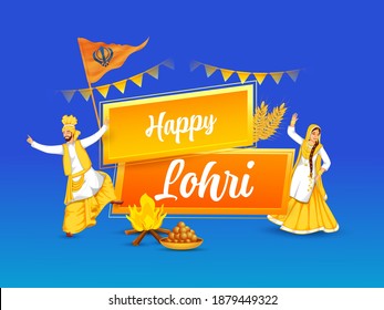 Happy Lohri Font With Sikh Flag, Bonfire, Sweet (Laddu) And Cheerful Couple Doing Bhangra Dance On Blue Background.