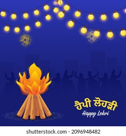 Happy Lohri Font Written In Punjabi Language With Bonfire, Silhouette People Dancing And Lighting Garland Decorated On Blue Background.