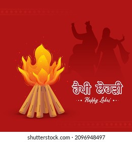 Happy Lohri Font Written In Punjabi Language With Bonfire, Silhouette Couple Doing Bhangra On Red Background.
