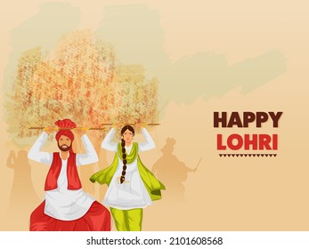 Happy Lohri Font Written In Punjabi Language With Young Couple Doing Folk Dance In Traditional Attire And Brush Texture Effect Tree On Pastel Orange Background.