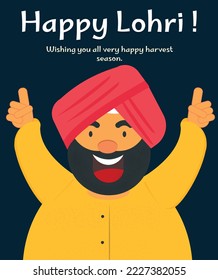 Happy Lohri greeting card or a banner. Punjabi festival background. Vector cartoon illustration. A Punjabi man performs the bhangra dance.