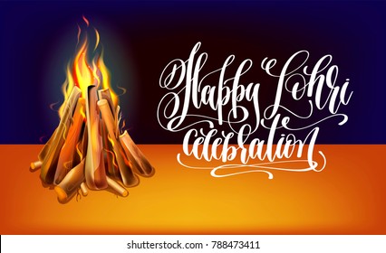 happy lohri hand lettering celebration design with realistic burning bonfire with wood to indian winter holiday, vector illustration