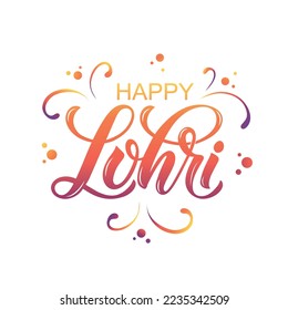 Happy Lohri handwritten text. Modern brush calligraphy, hand lettering typography.Vector colorful illustration for Punjabi festival as flyer, poster, banner, greeting card, invitation template