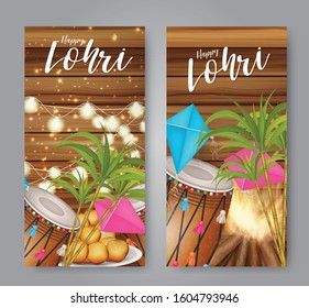 Happy Lohri holiday design, Indian festival. Website advertising banner. Wooden background. Realistic vector illustration.