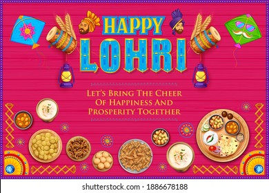 Happy Lohri holiday food background illustration for Punjabi festival