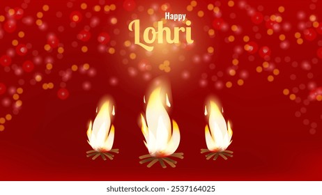 Feliz festival indiano de feriado de Lohri brilhante bonfire fundo vermelho. Gratidão pela colheita. Cartaz de banner de cartão de convite de design. Ilustração vetorial.